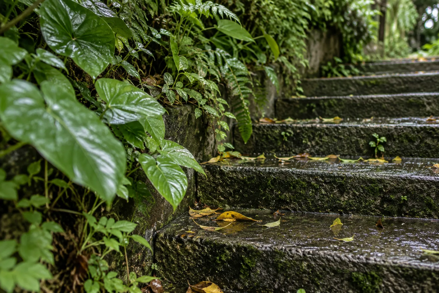 雨後綠葉與石階示意