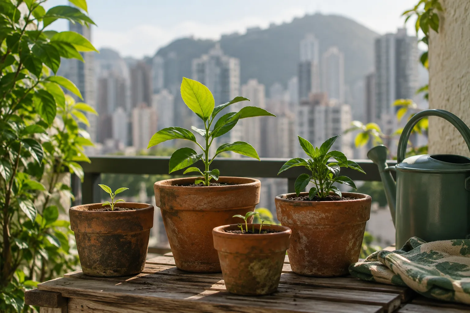城市露台上的幼苗與盆栽示意